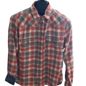 Jachs Girlfriend Shirt Womens XL Red Gray Plaid Snap Button Long Sleeve Western